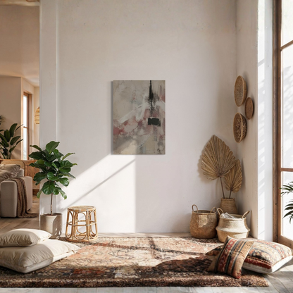 The Unsaid canvas art styled in a warm neutral bedroom with natural textures.