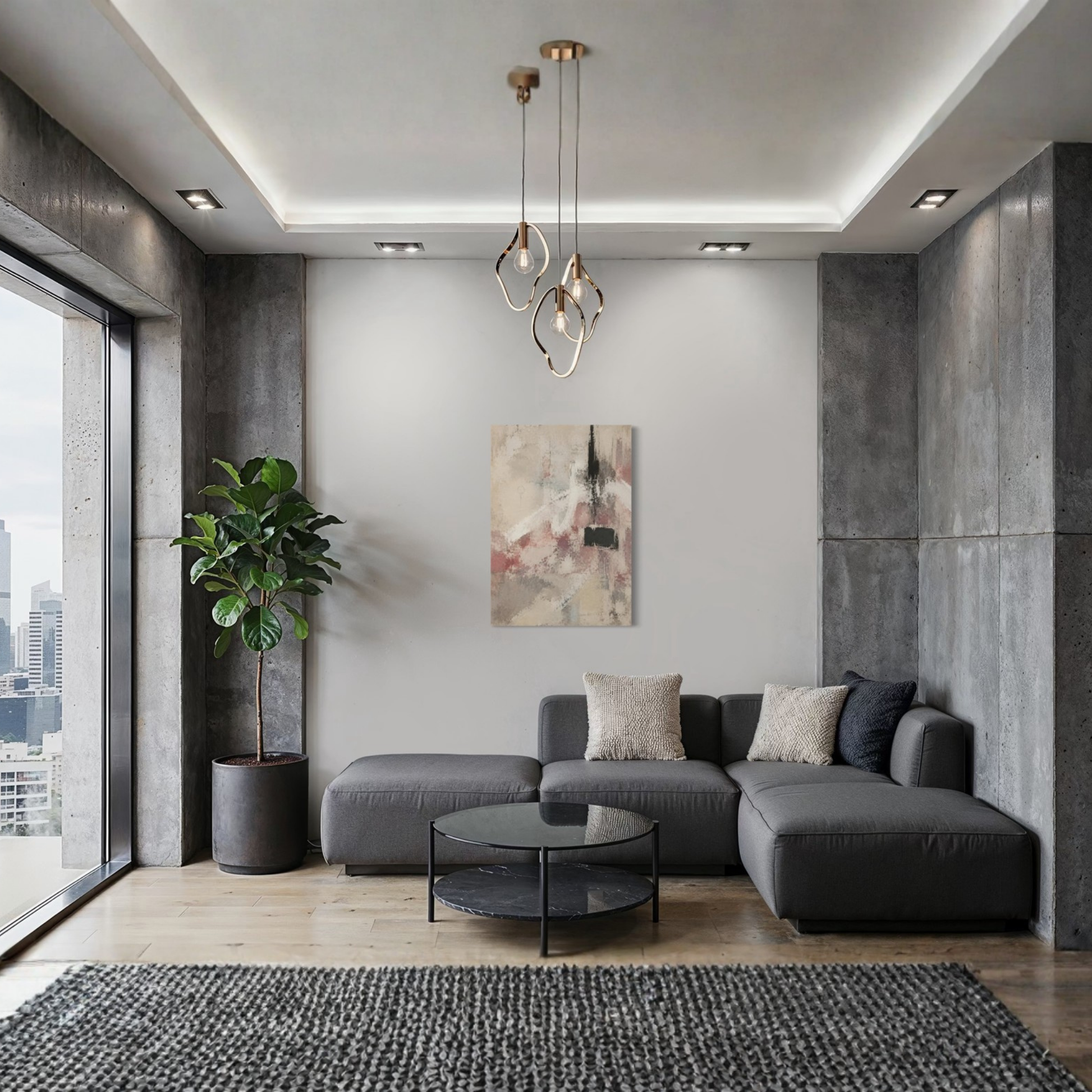 The Unsaid textured abstract canvas styled in a sophisticated grey living room.