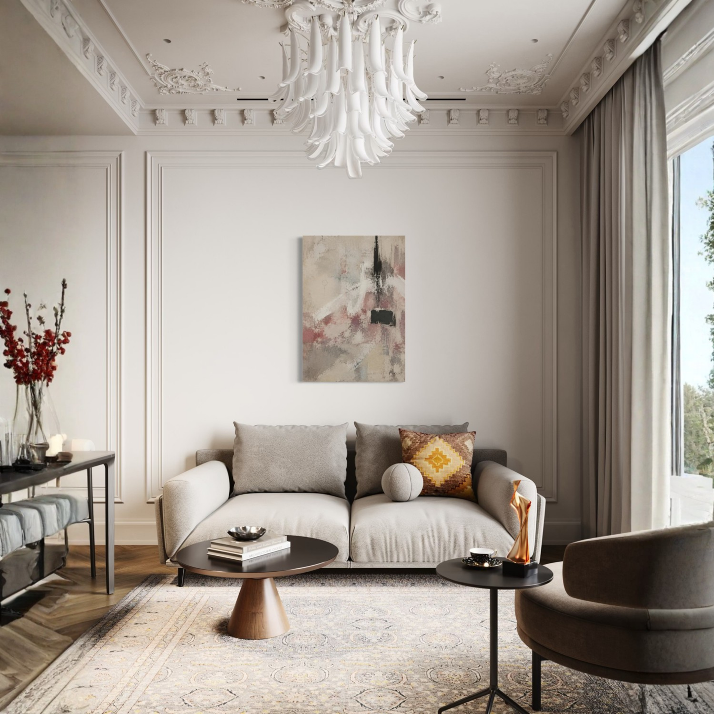 The Unsaid textured abstract canvas displayed in an elegant living room with soft neutral furniture.
