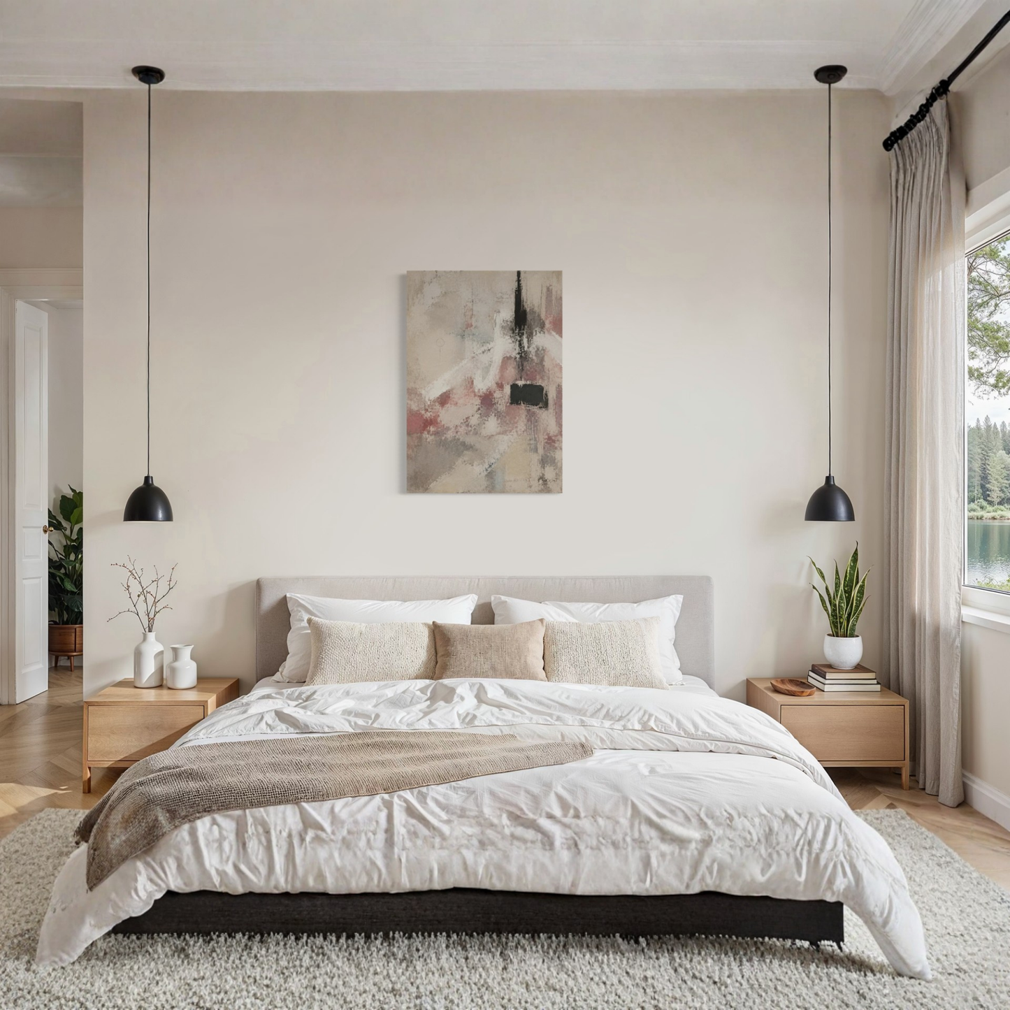 The Unsaid neutral canvas styled above a bed in a calm minimalist bedroom.
