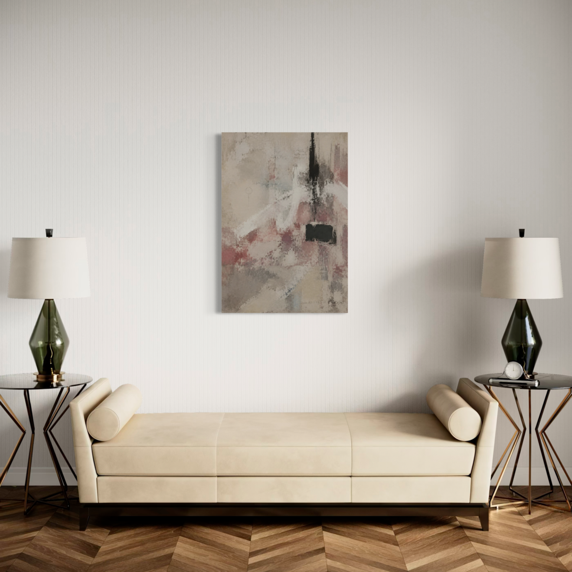 The Unsaid canvas art displayed above a sculptural neutral sofa in a refined modern interior.