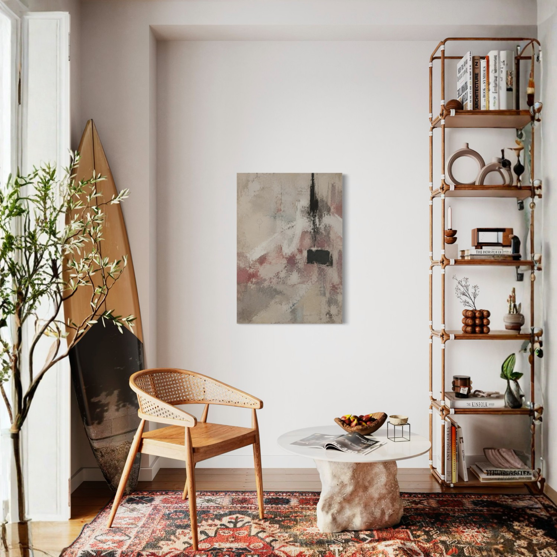 The Unsaid neutral abstract wall art styled in a contemporary interior with warm wood accents.