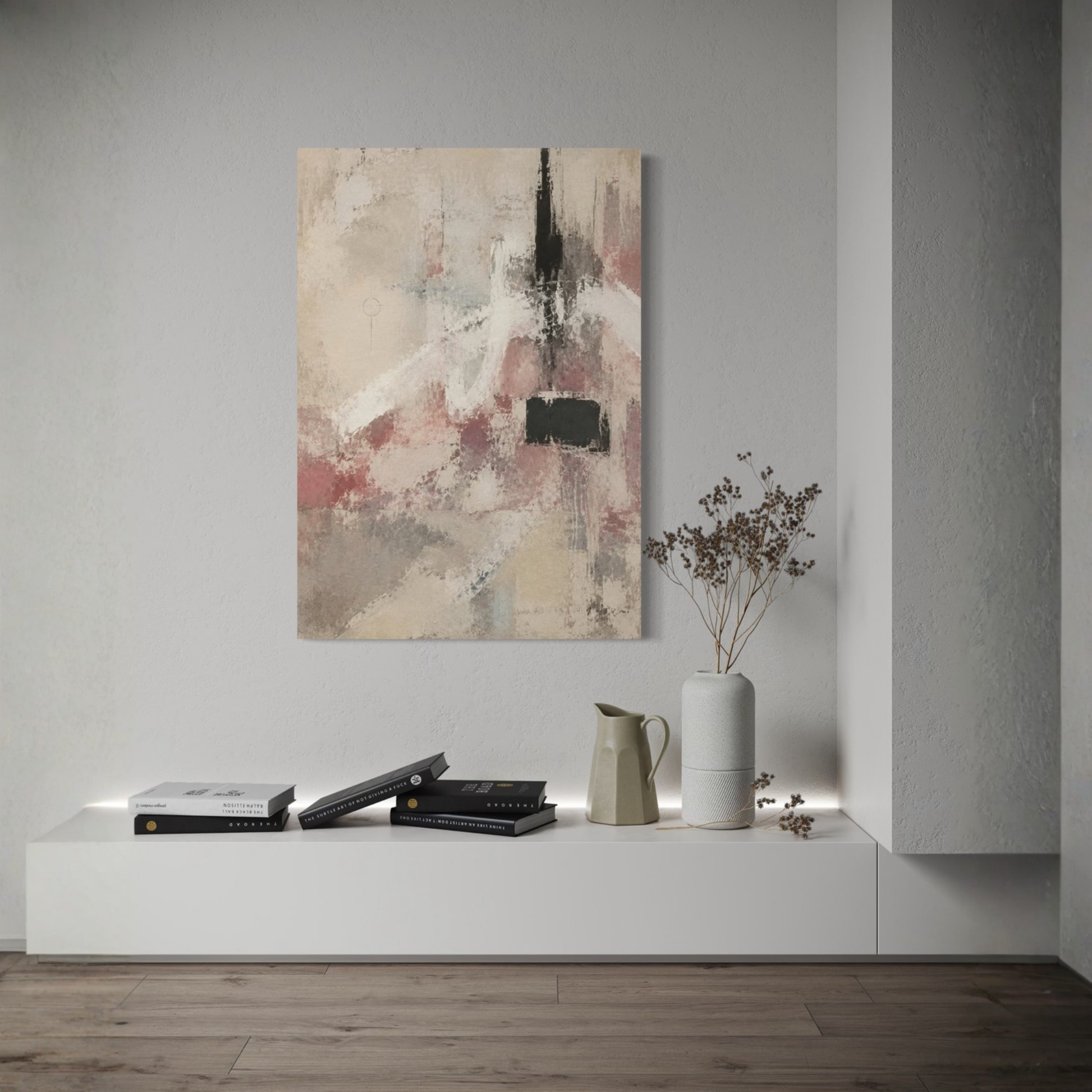 The Unsaid neutral abstract canvas styled above a low console in a calm contemporary room.