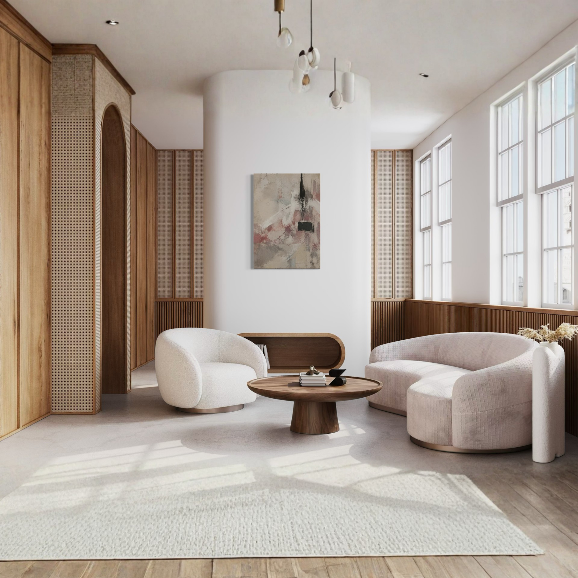 The Unsaid abstract canvas styled in a light architectural living room with natural materials.