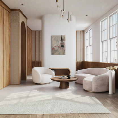 The Unsaid abstract canvas styled in a light architectural living room with natural materials.