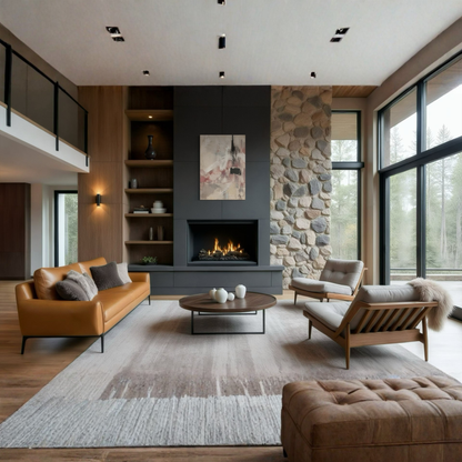 The Unsaid textured abstract canvas styled in a warm modern living room with natural wood and neutral furniture.