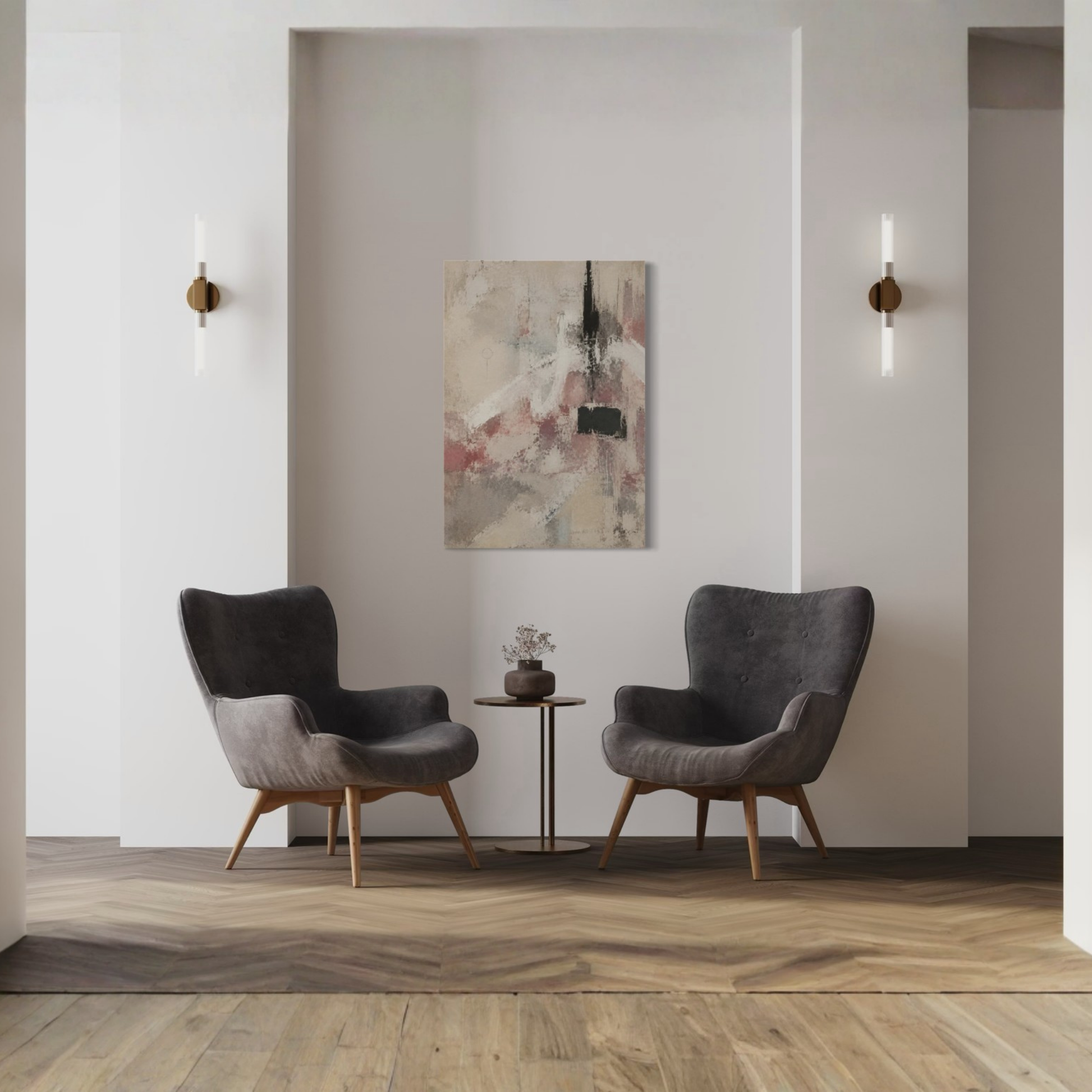 The Unsaid neutral wall art displayed above a dining area with dark contemporary chairs.