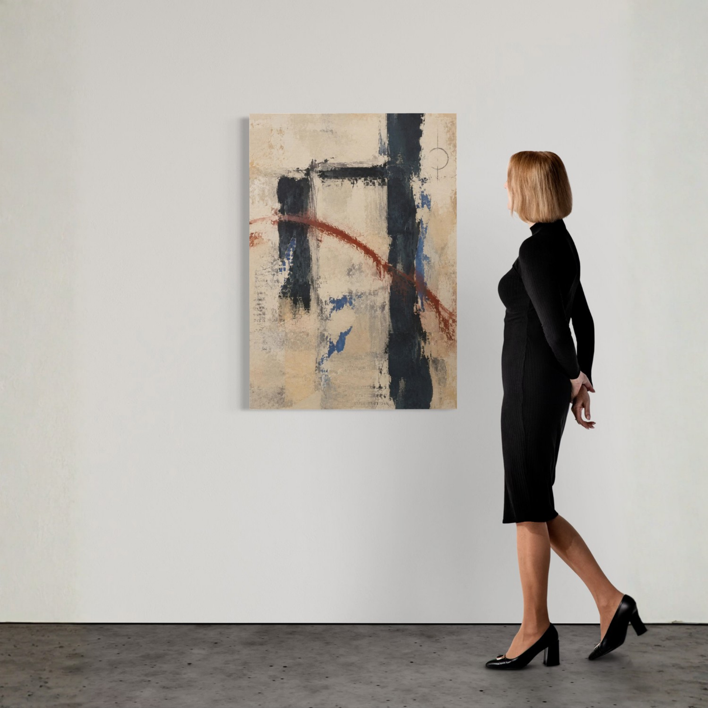 Boundary abstract canvas displayed on a gallery wall beside a woman for scale.