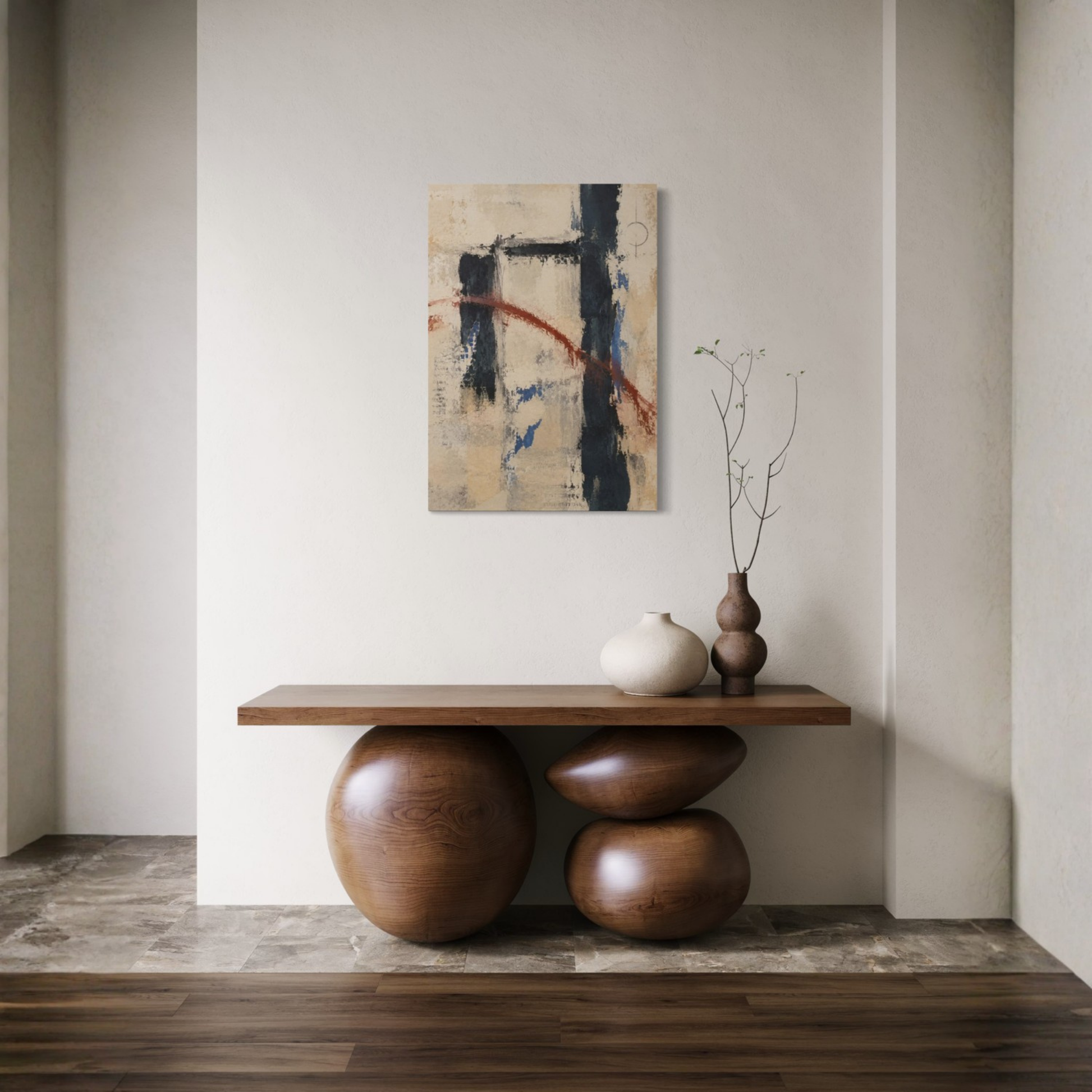 Boundary abstract canvas art displayed above a sculptural wooden console table in a refined neutral interior with minimalist decor.