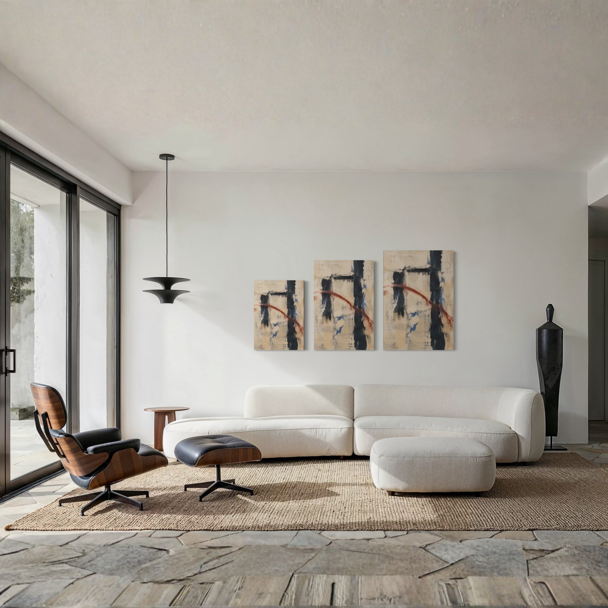 Boundary neutral canvas art displayed in a refined contemporary living room with warm natural tones.