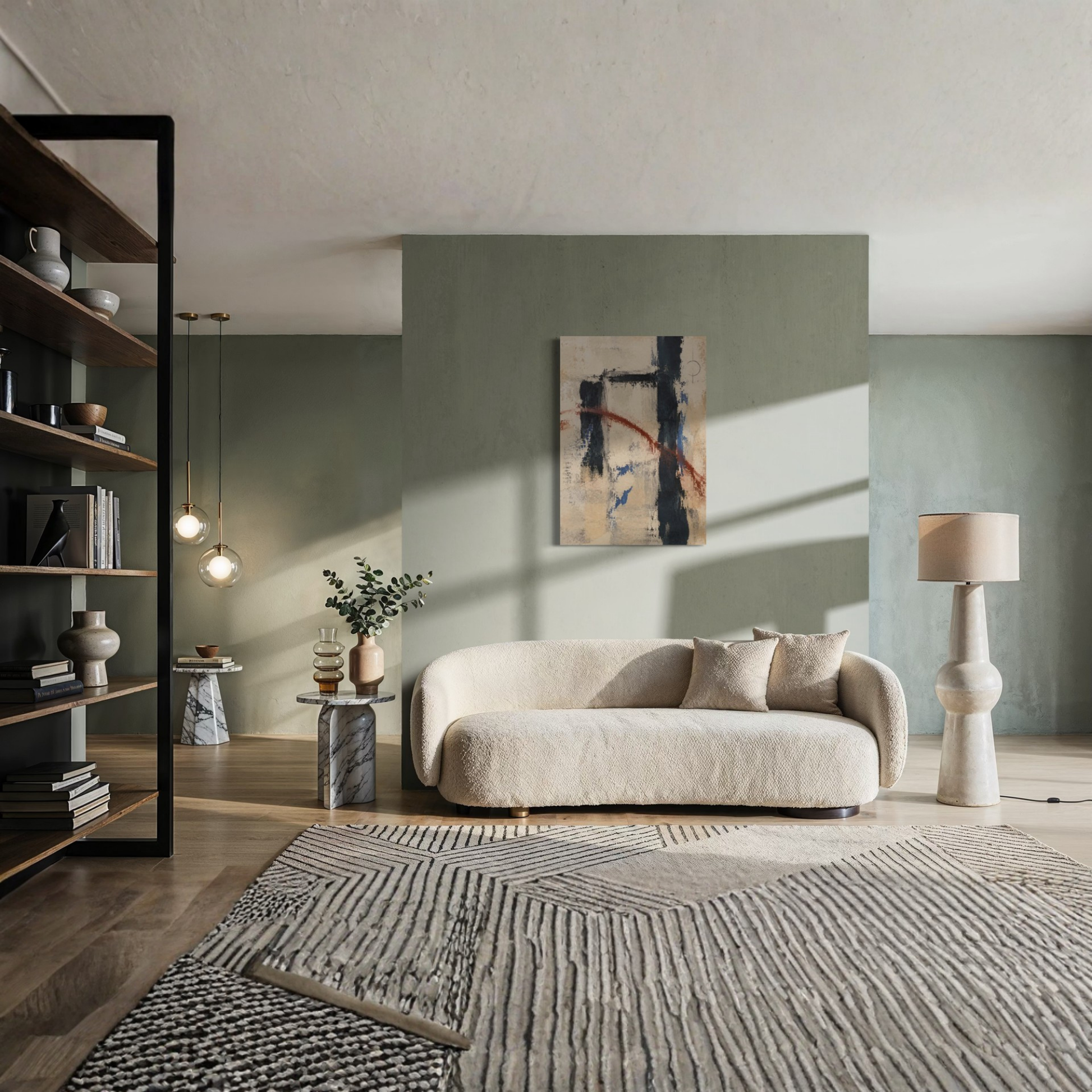 Boundary abstract canvas art displayed above a curved cream sofa in a refined sage green living room.