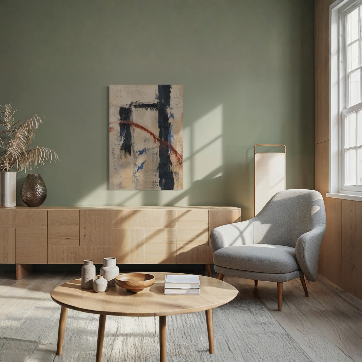 Boundary architectural canvas art displayed in a muted contemporary living room with natural materials.
