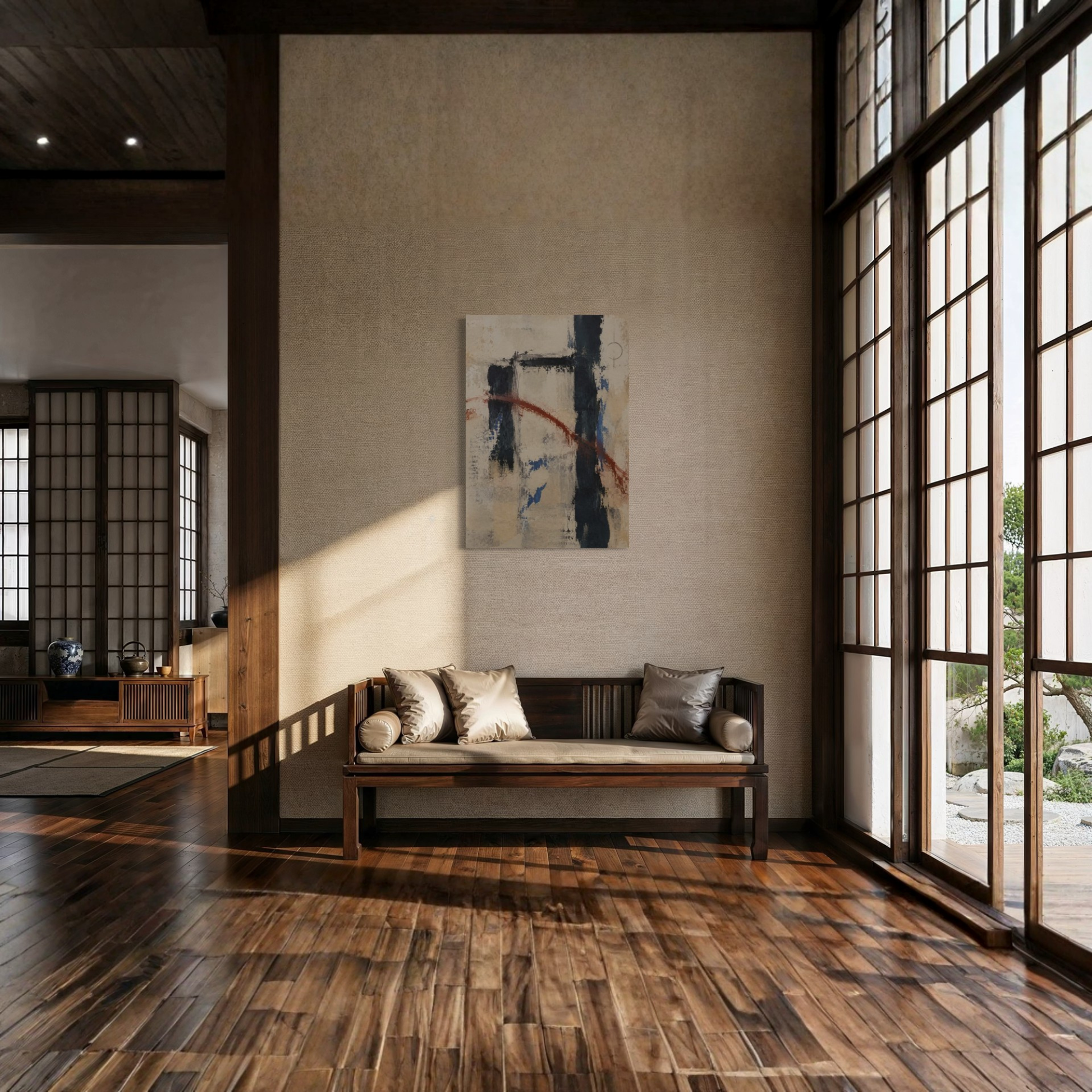 Boundary abstract wall art displayed in a warm wood-panelled contemporary living room.
