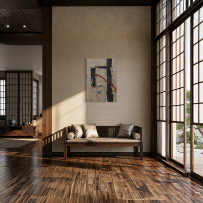 Boundary abstract wall art displayed in a warm wood-panelled contemporary living room.