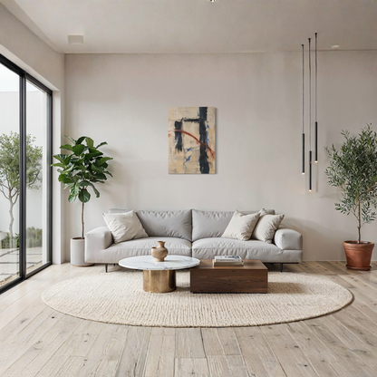 Boundary textured abstract canvas styled above a curved cream sofa in a bright minimalist interior.