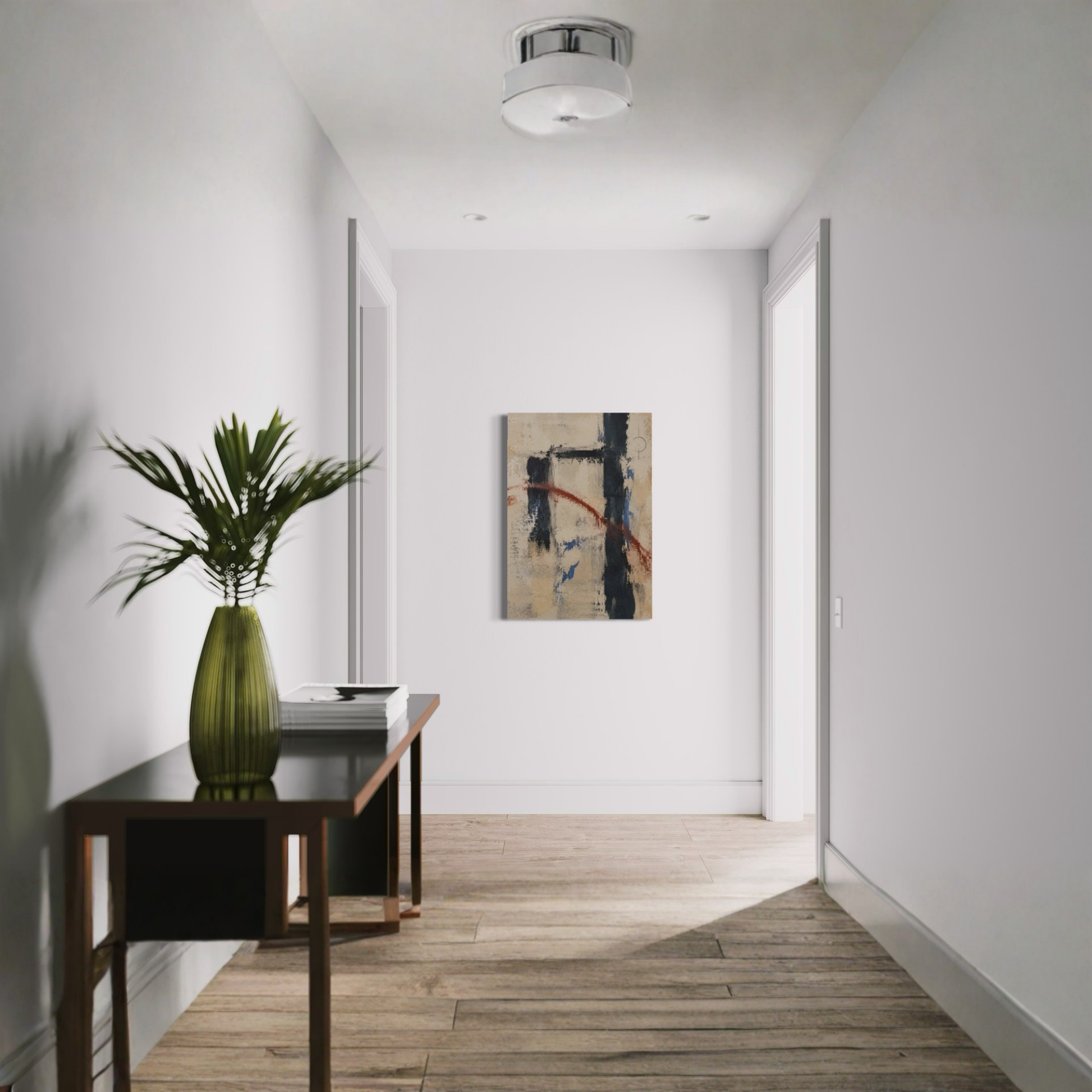 Boundary abstract canvas art displayed at the end of a bright minimalist hallway with light wood flooring and a sculptural green vase.