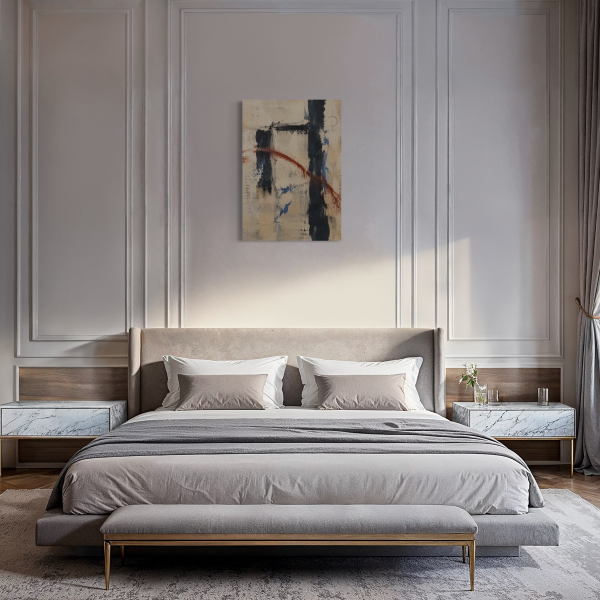 Boundary abstract canvas art displayed above a neutral upholstered bed in a refined contemporary bedroom with soft grey panelled walls.