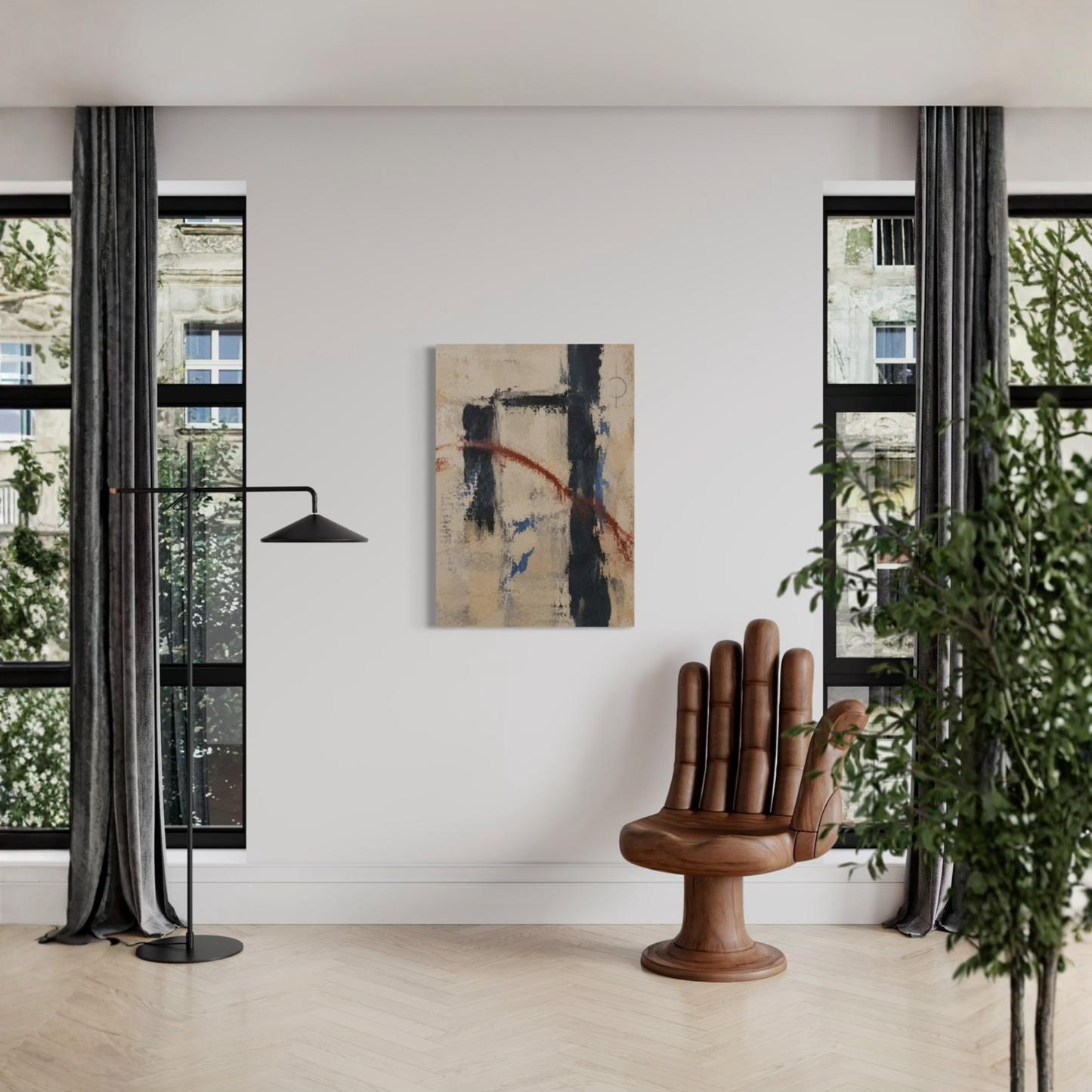 Boundary abstract canvas art displayed in a bright contemporary interior with tall windows, dark curtains and a sculptural wooden chair.