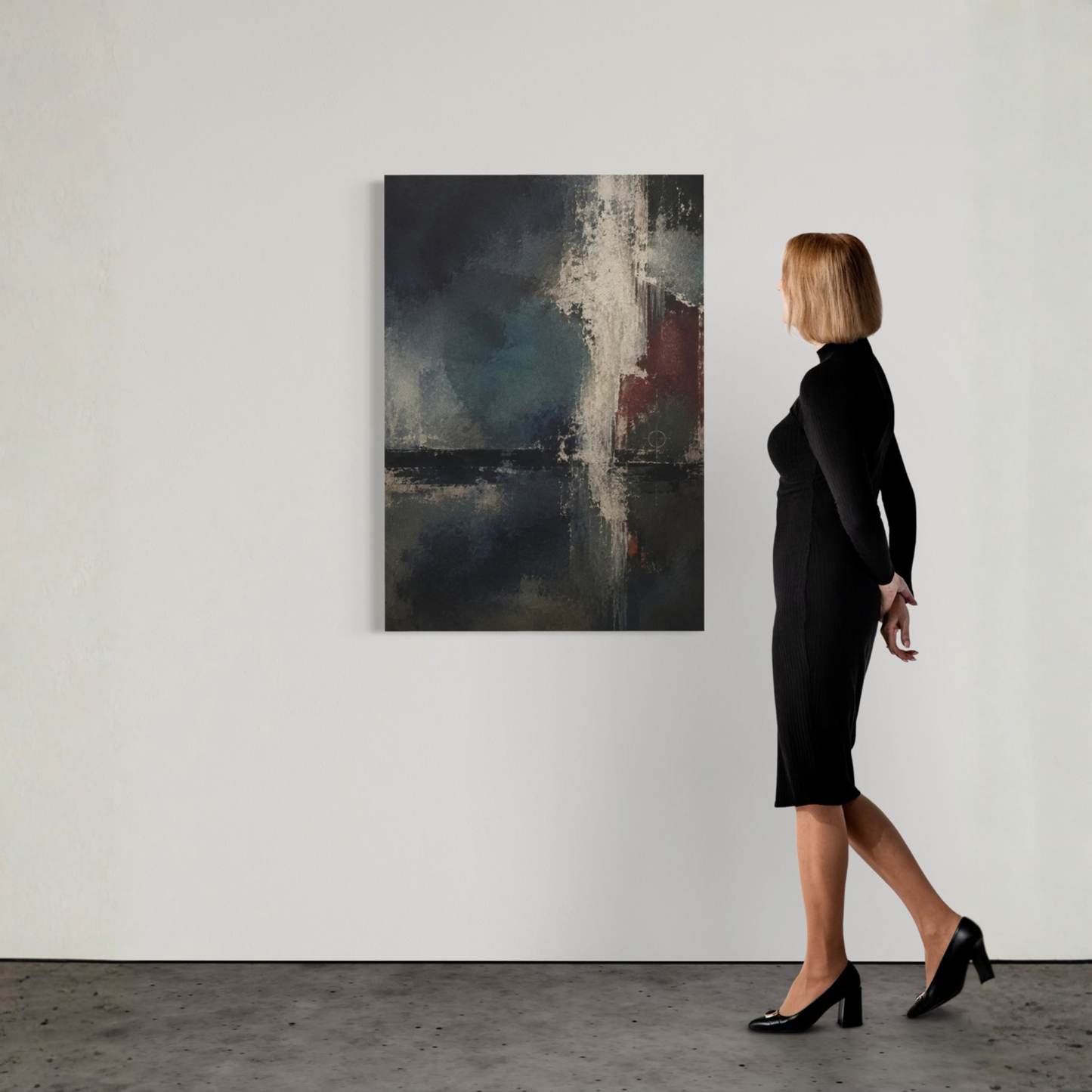 Night Signal abstract canvas displayed on a gallery wall beside a woman for scale.