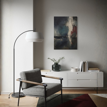 Night Signal dark abstract canvas art displayed above a white sideboard beside a grey armchair in a refined contemporary living room.
