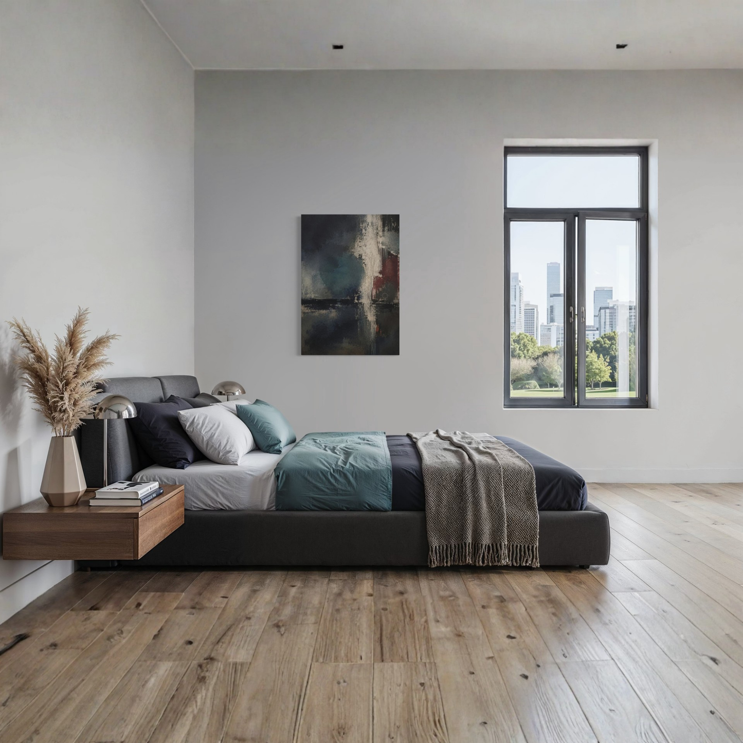 Night Signal canvas art styled above a bed in a calm contemporary bedroom with blue and neutral tones.