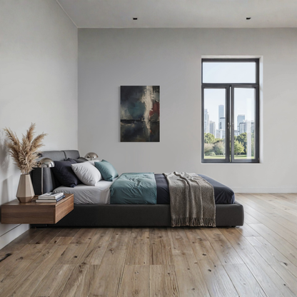 Night Signal canvas art styled above a bed in a calm contemporary bedroom with blue and neutral tones.