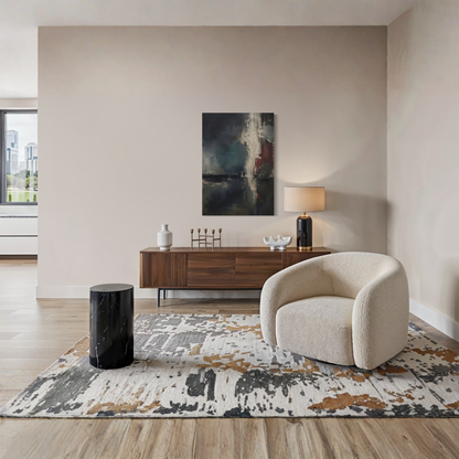 Night Signal abstract canvas styled above a light neutral sofa and sideboard in a refined interior.