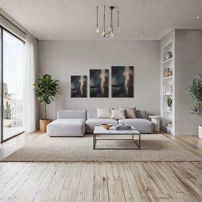 Night Signal dark abstract canvas displayed in a bright contemporary living room with neutral seating.
