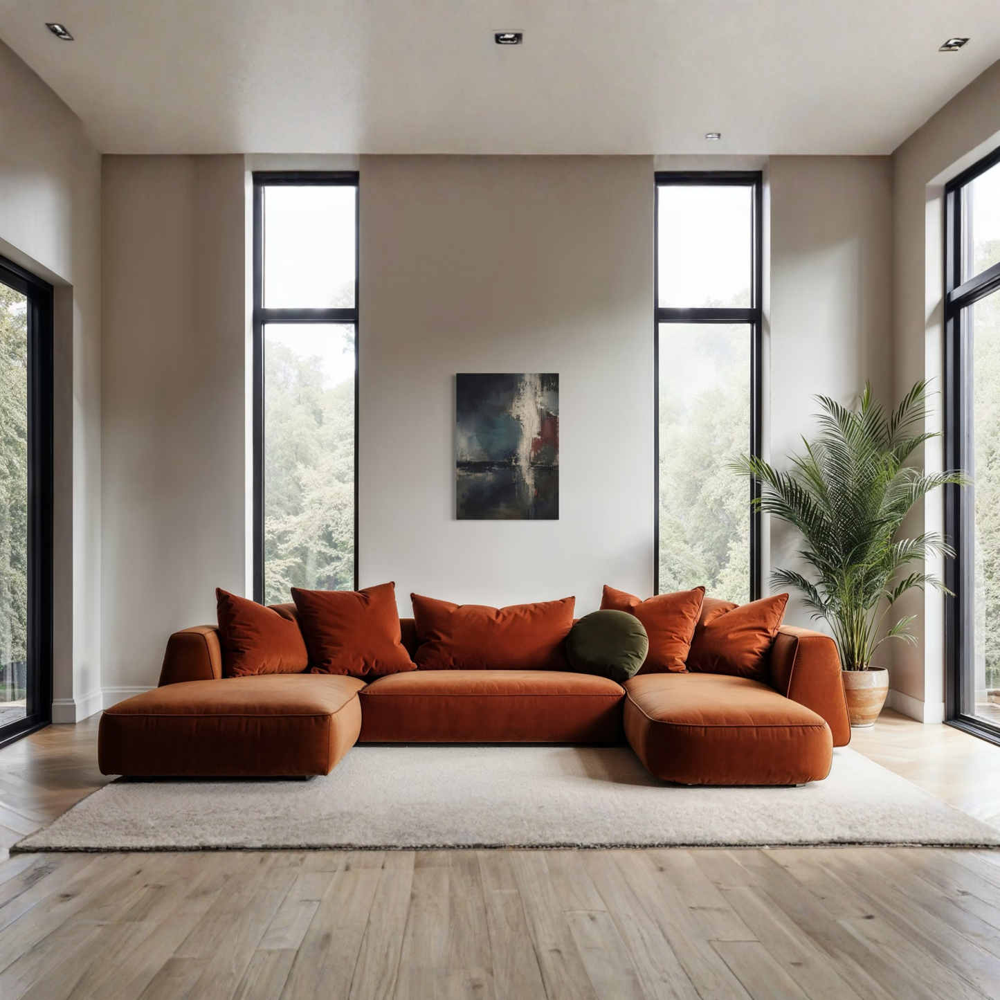 Night Signal canvas art displayed above burnt orange seating in a bright contemporary living room.