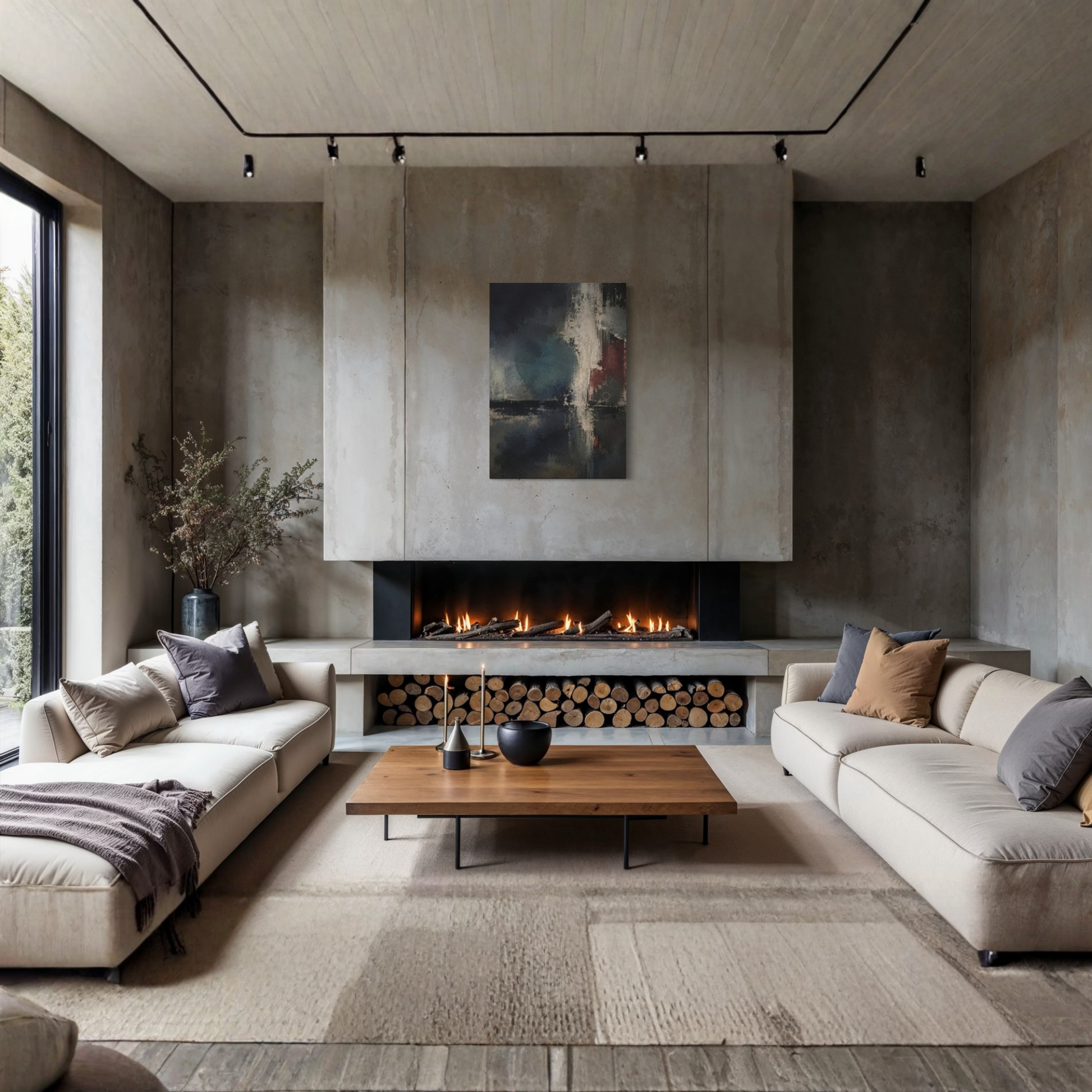 Night Signal canvas art displayed in a refined dark wood living room with contemporary furniture.