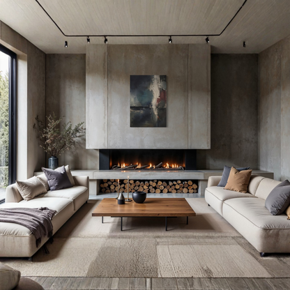 Night Signal canvas art displayed in a refined dark wood living room with contemporary furniture.