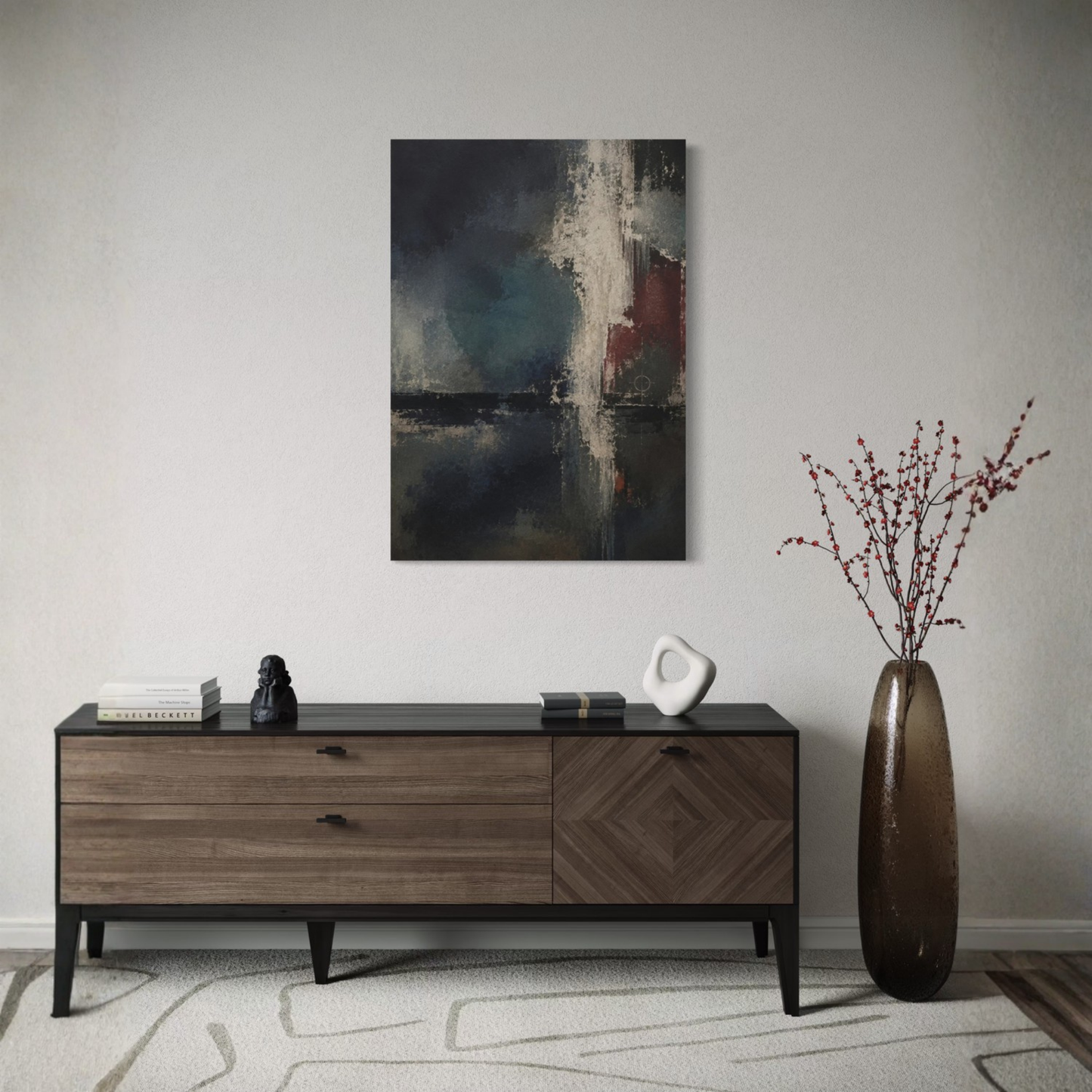 Night Signal abstract canvas styled above a low wooden sideboard with sculptural decor.