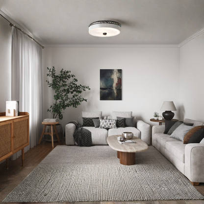 Night Signal abstract wall art styled above a white sofa in a minimalist contemporary interior.