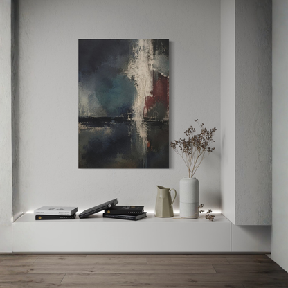 Night Signal dark abstract wall art displayed above a minimalist console in a light neutral interior.