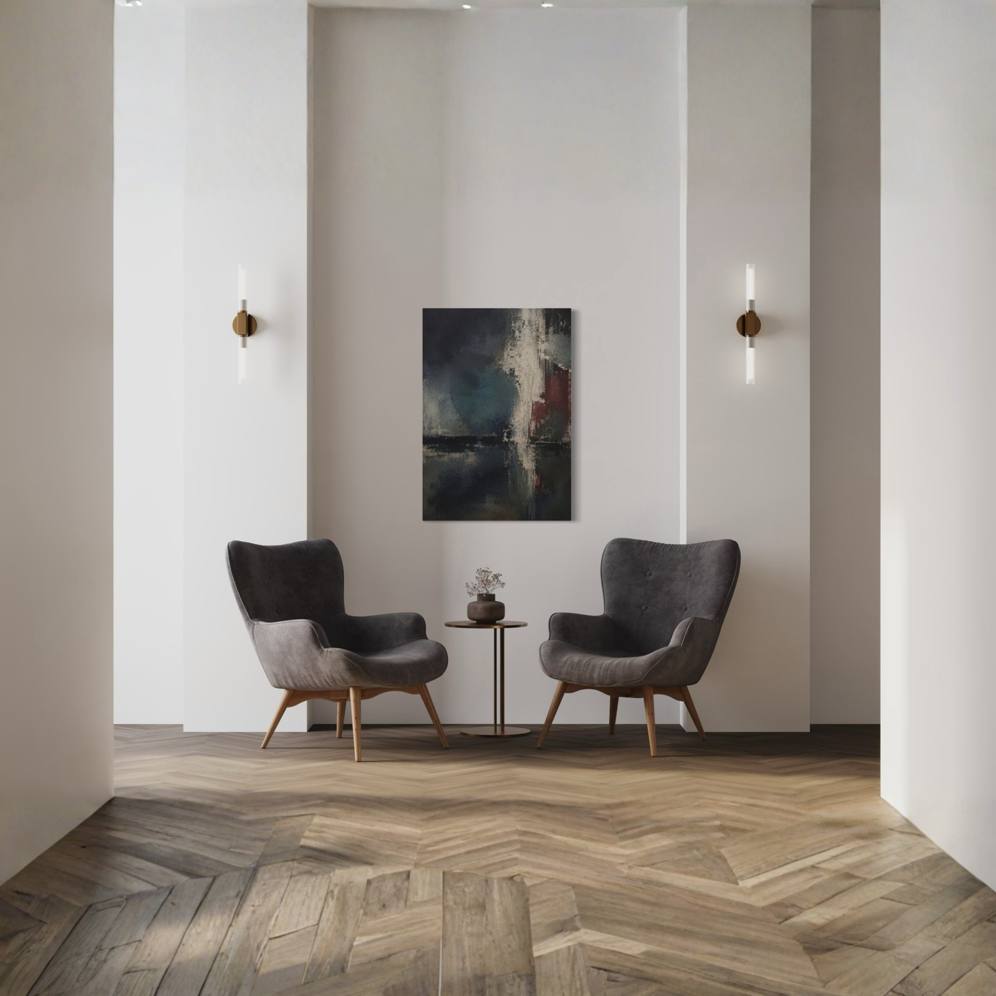 Night Signal abstract wall art displayed above a contemporary dining area with dark chairs.