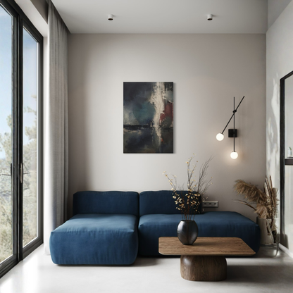 Night Signal abstract canvas styled above a blue sofa in a modern interior with large windows.