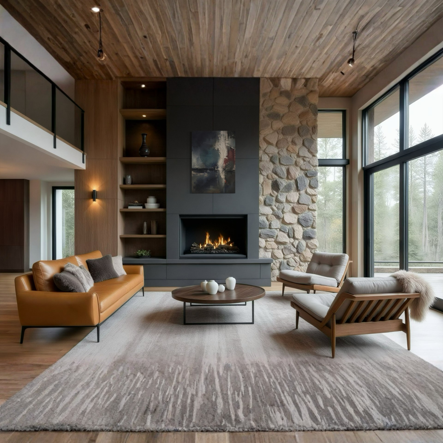 Night Signal dark canvas displayed in a warm architectural living room with wood ceiling and fireplace.