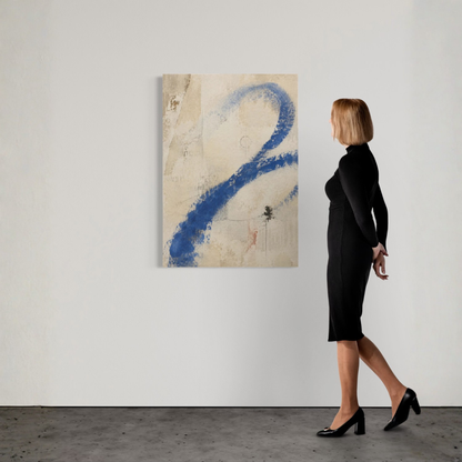 Proof of Life abstract canvas displayed on a gallery wall beside a woman for scale.
