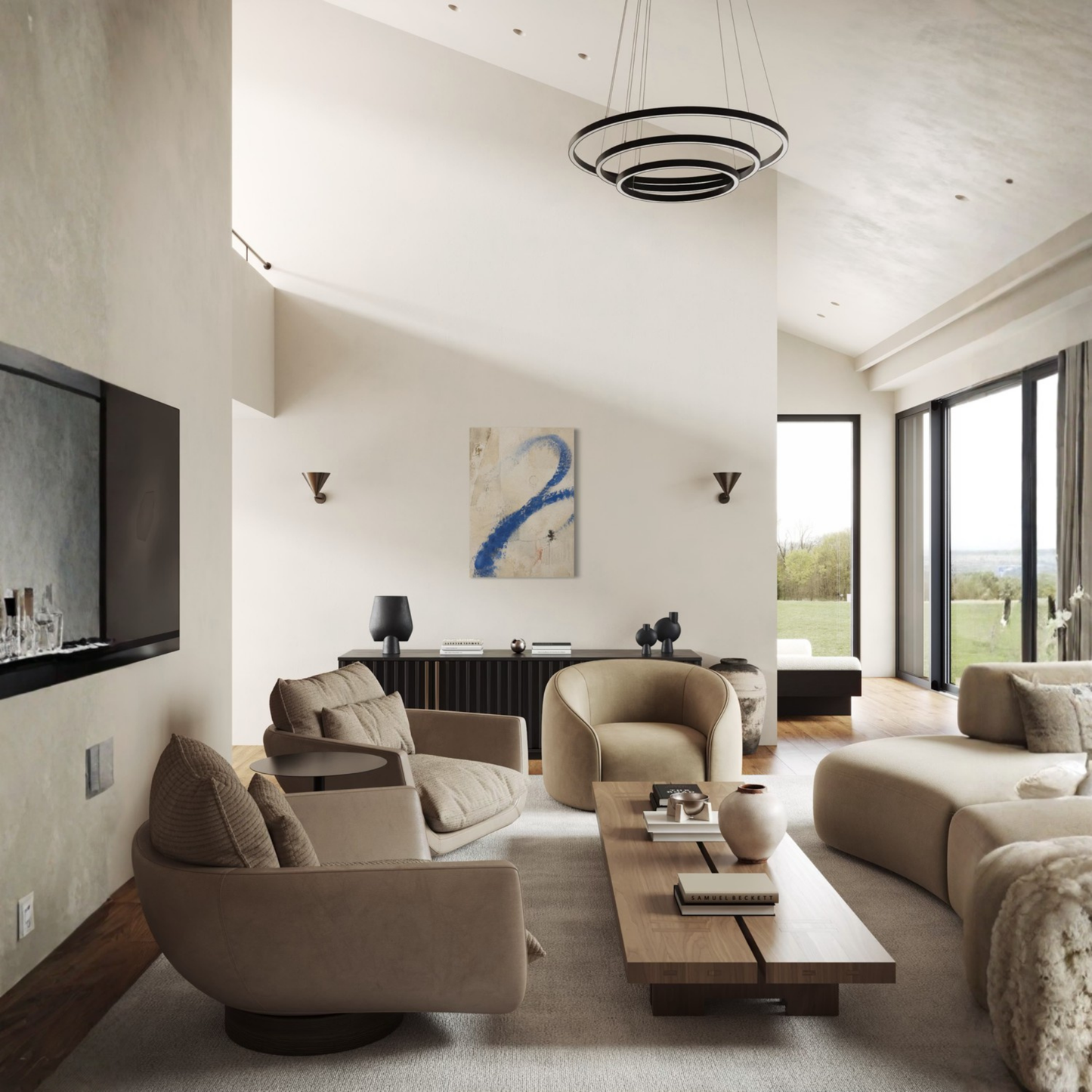 Proof of Life abstract wall art styled in a light contemporary living room with neutral furniture.