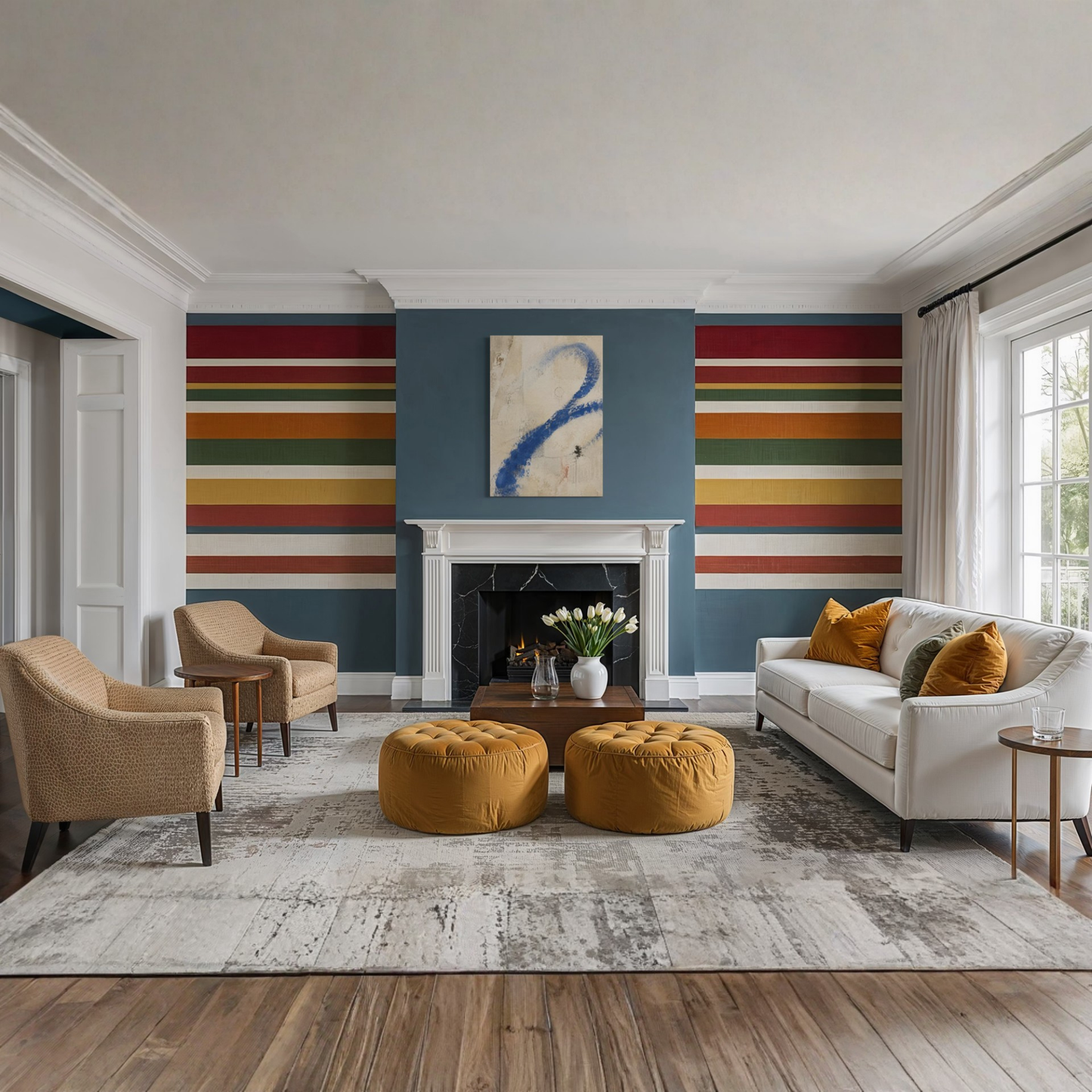 Proof of Life abstract canvas styled in a contemporary living room with colourful architectural accents.