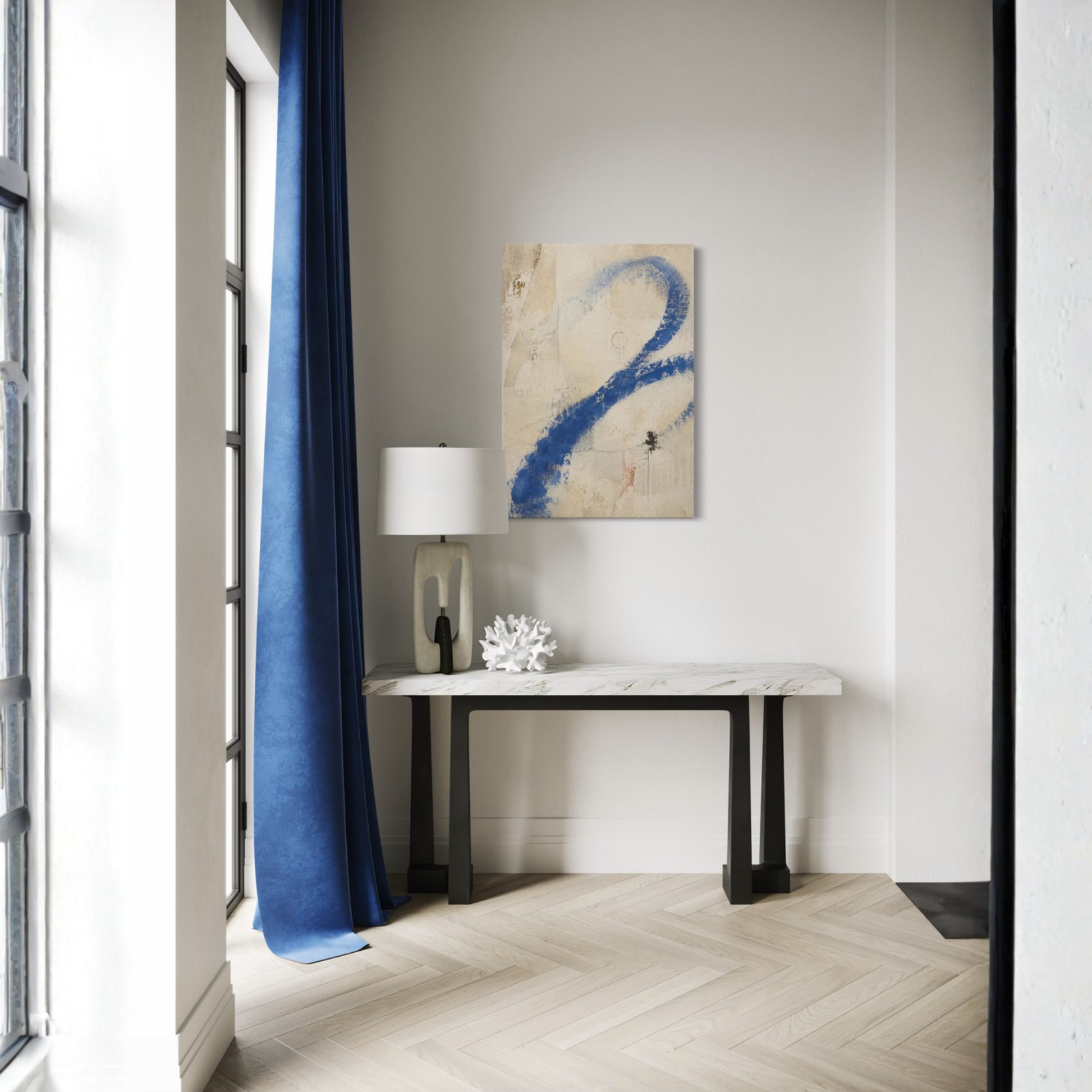 Proof of Life blue abstract canvas displayed above a slim console beside deep blue curtains.