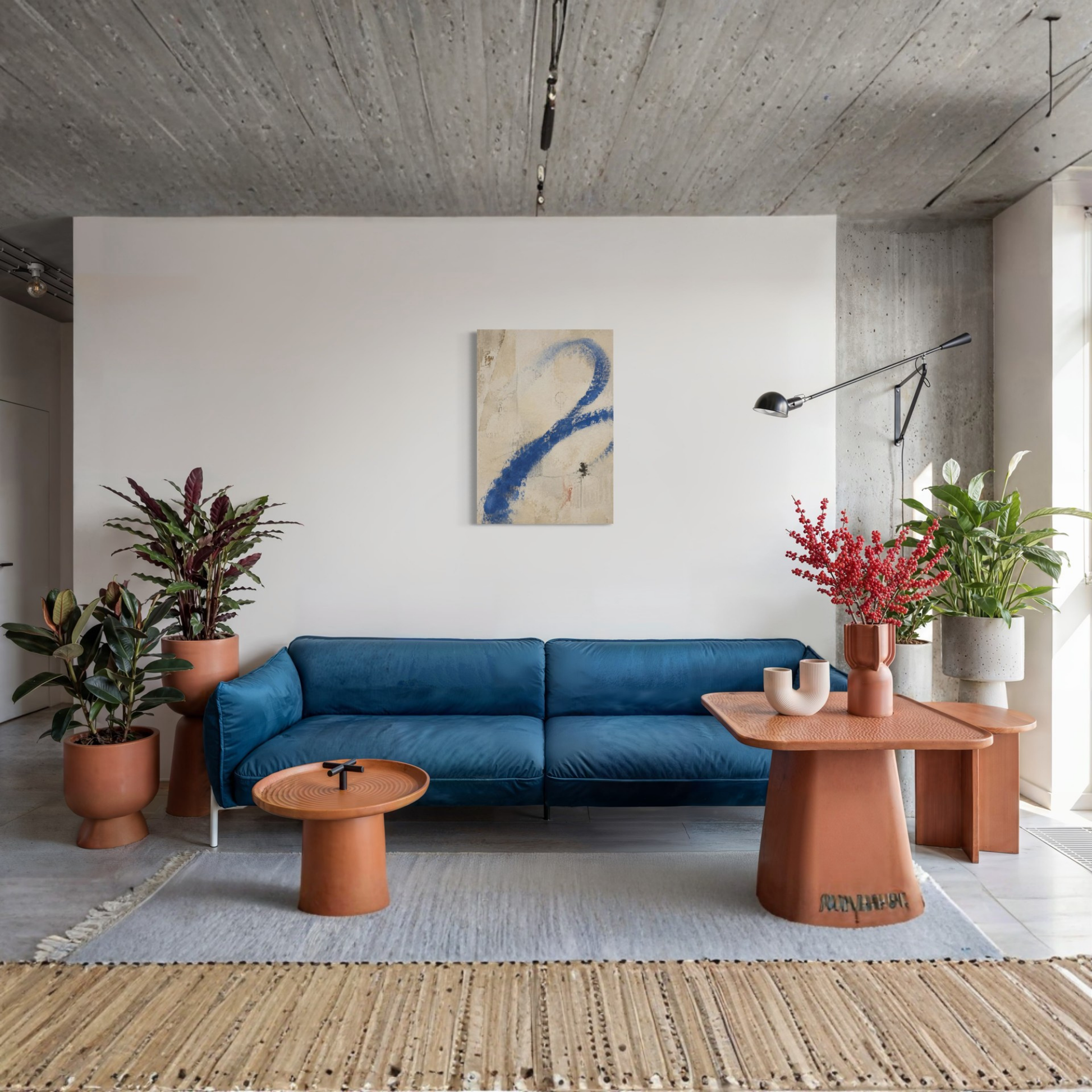 Proof of Life cobalt canvas art displayed above a blue sofa with terracotta tables and plants.