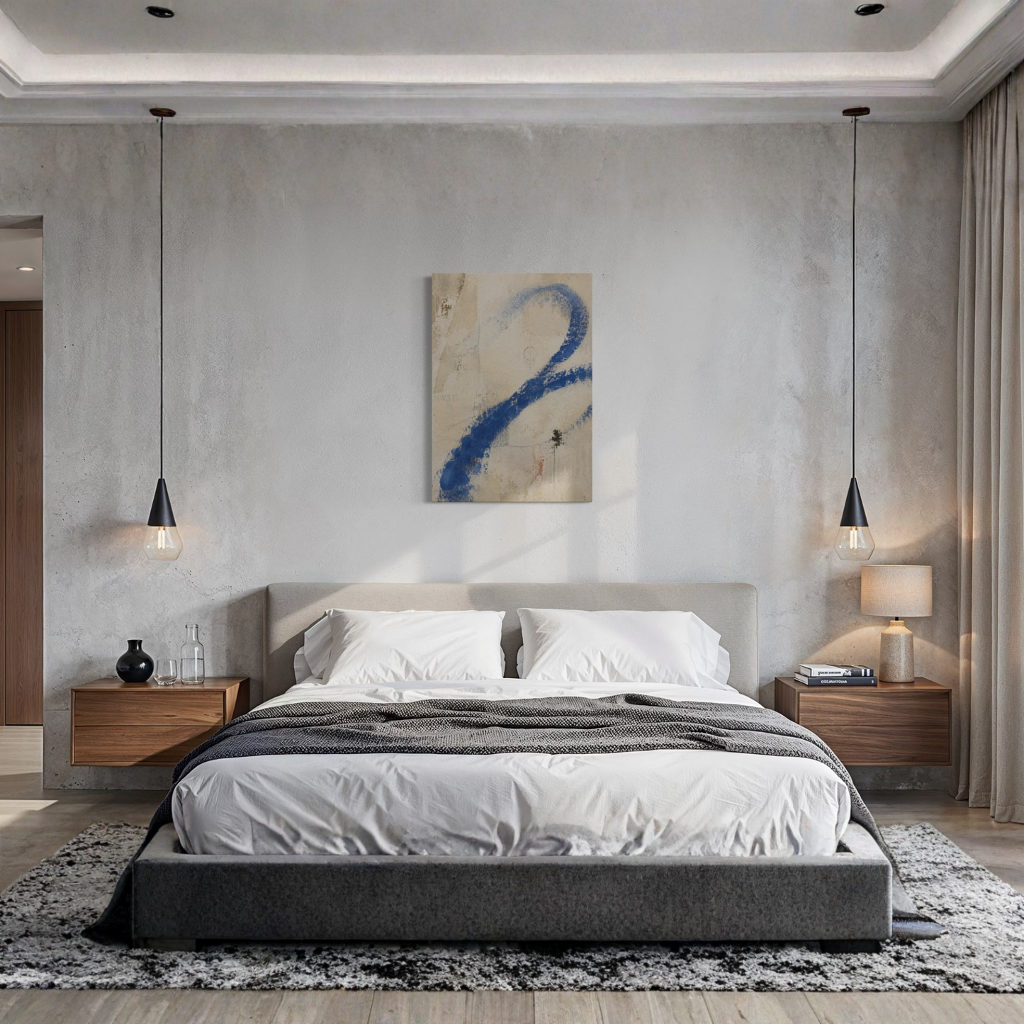 Proof of Life blue abstract canvas displayed above a bed in a calm contemporary bedroom.