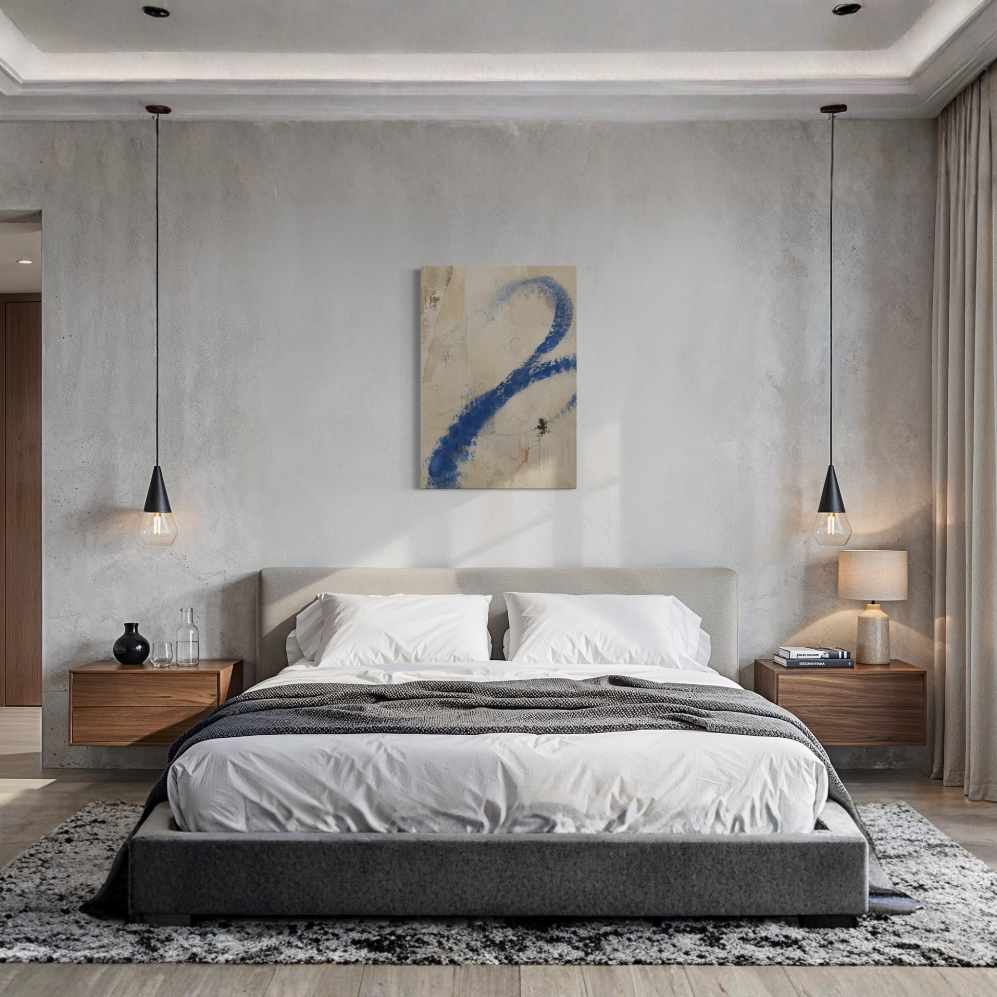 Proof of Life blue abstract canvas displayed above a bed in a calm contemporary bedroom.