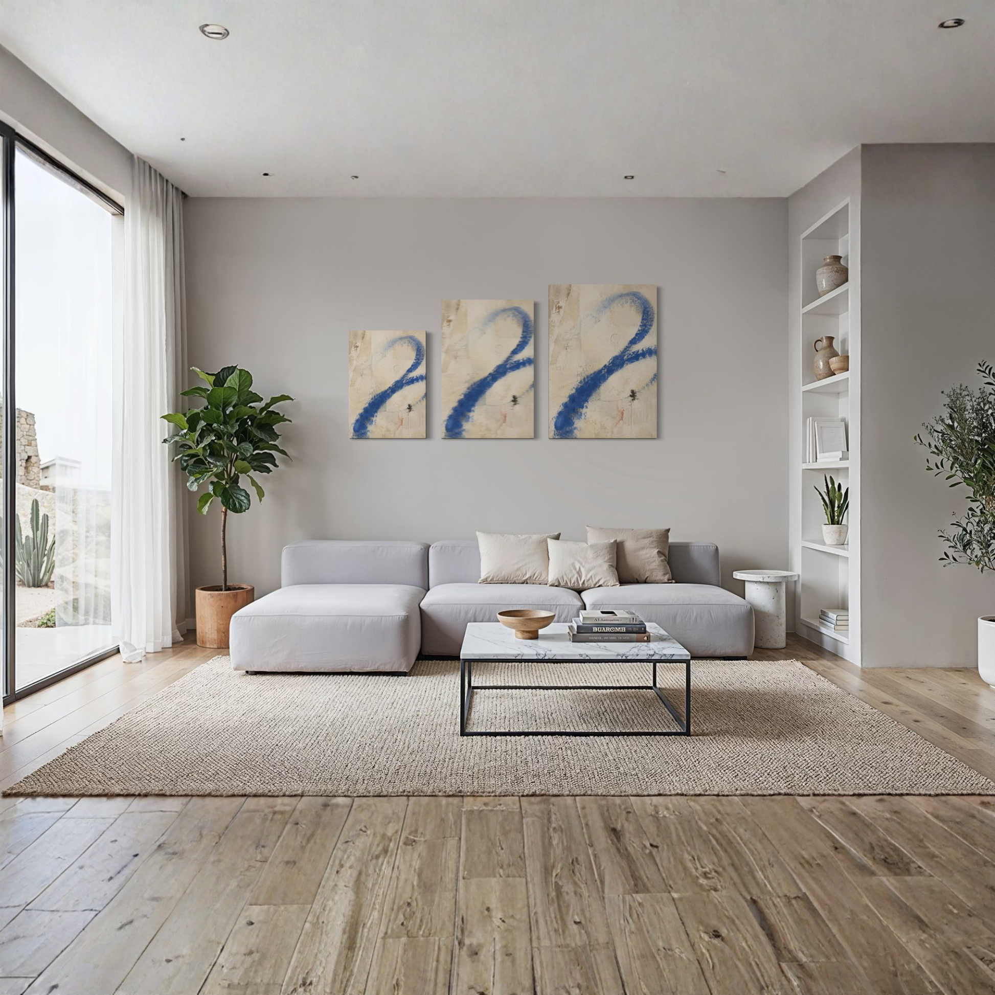 Proof of Life blue abstract canvas displayed above a neutral sofa in a bright contemporary living room.