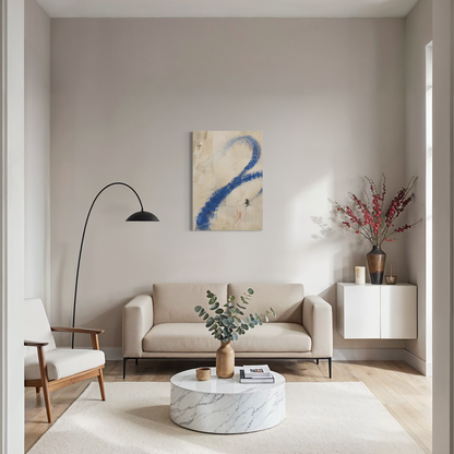Proof of Life cobalt abstract wall art styled above a cream sofa in a soft neutral living room with floral accents.