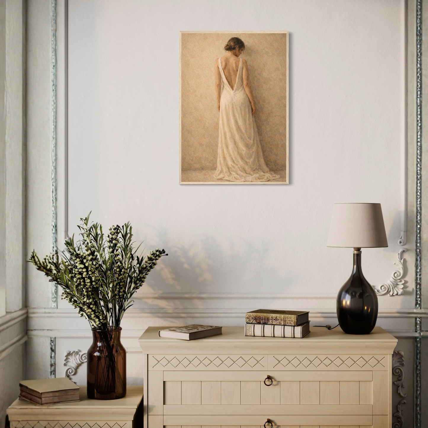 Framed art print titled STILLNESS, HELD I by LunarHeartCo featuring a tranquil, standing figure with a minimalist, calming design.