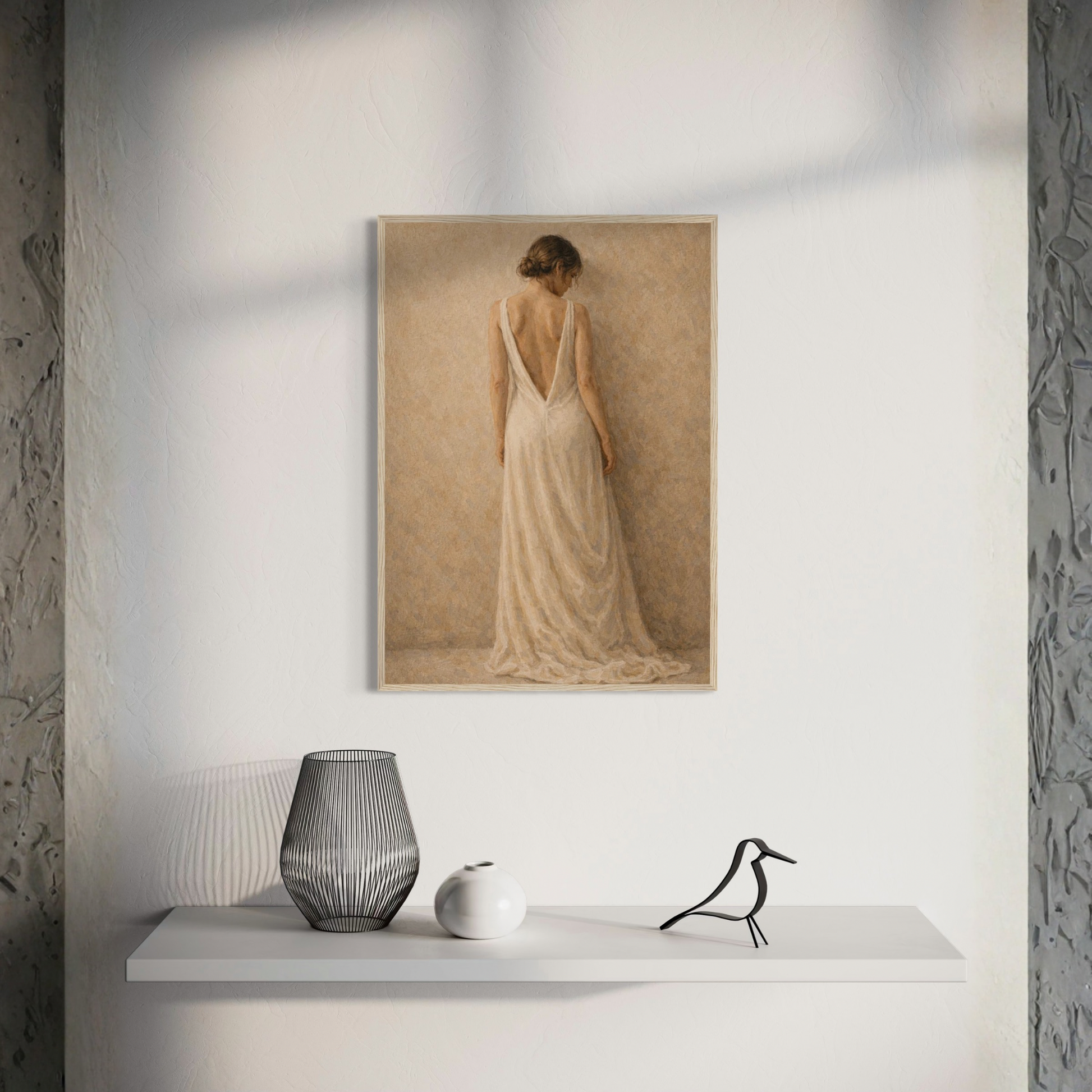 Framed art print titled STILLNESS, HELD I by LunarHeartCo featuring a standing abstract figure on a neutral background.