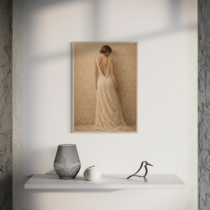Framed art print titled STILLNESS, HELD I by LunarHeartCo featuring a standing abstract figure on a neutral background.