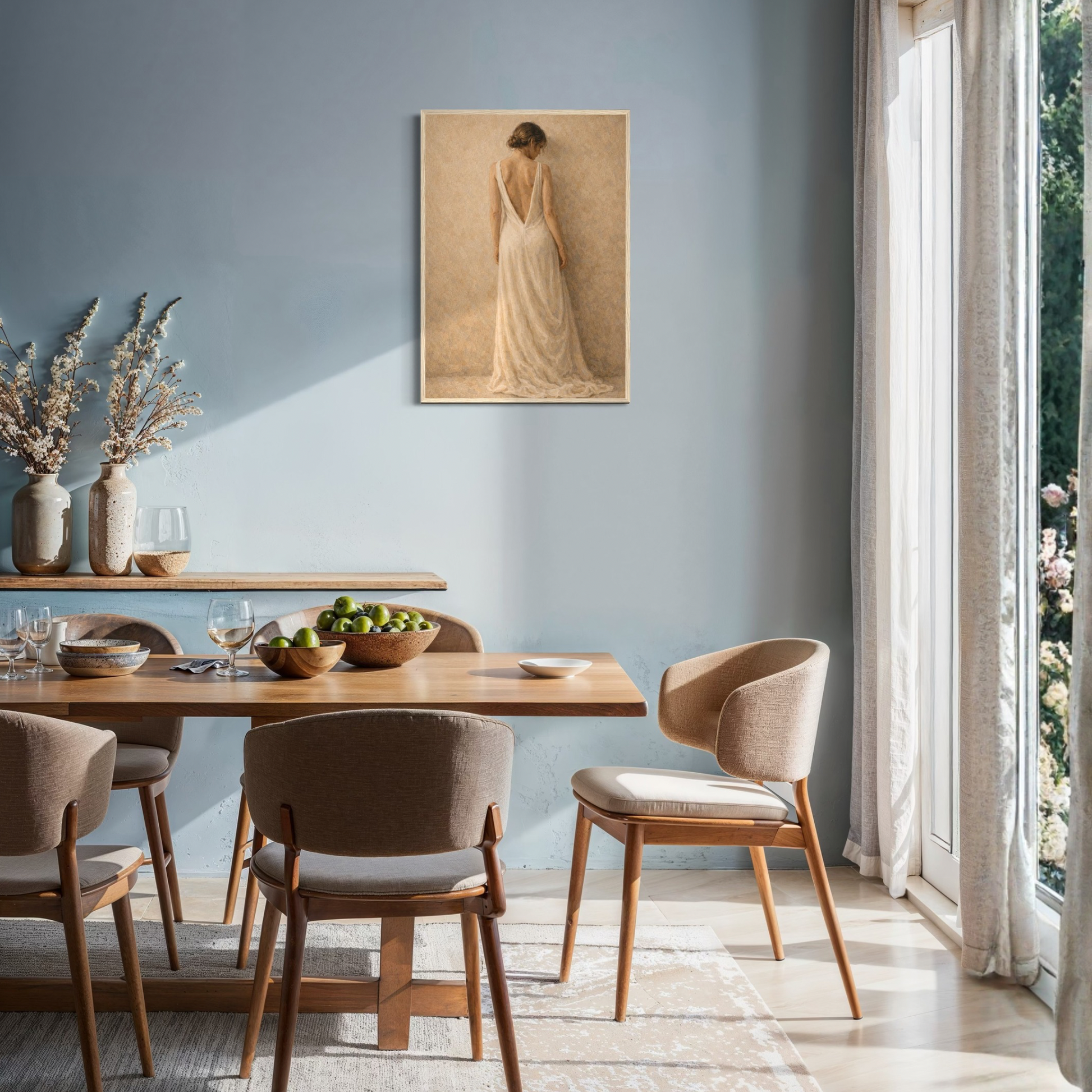 Framed art print titled "Stillness, Held I" by LunarHeartCo, featuring a serene standing figure in a minimalist style.